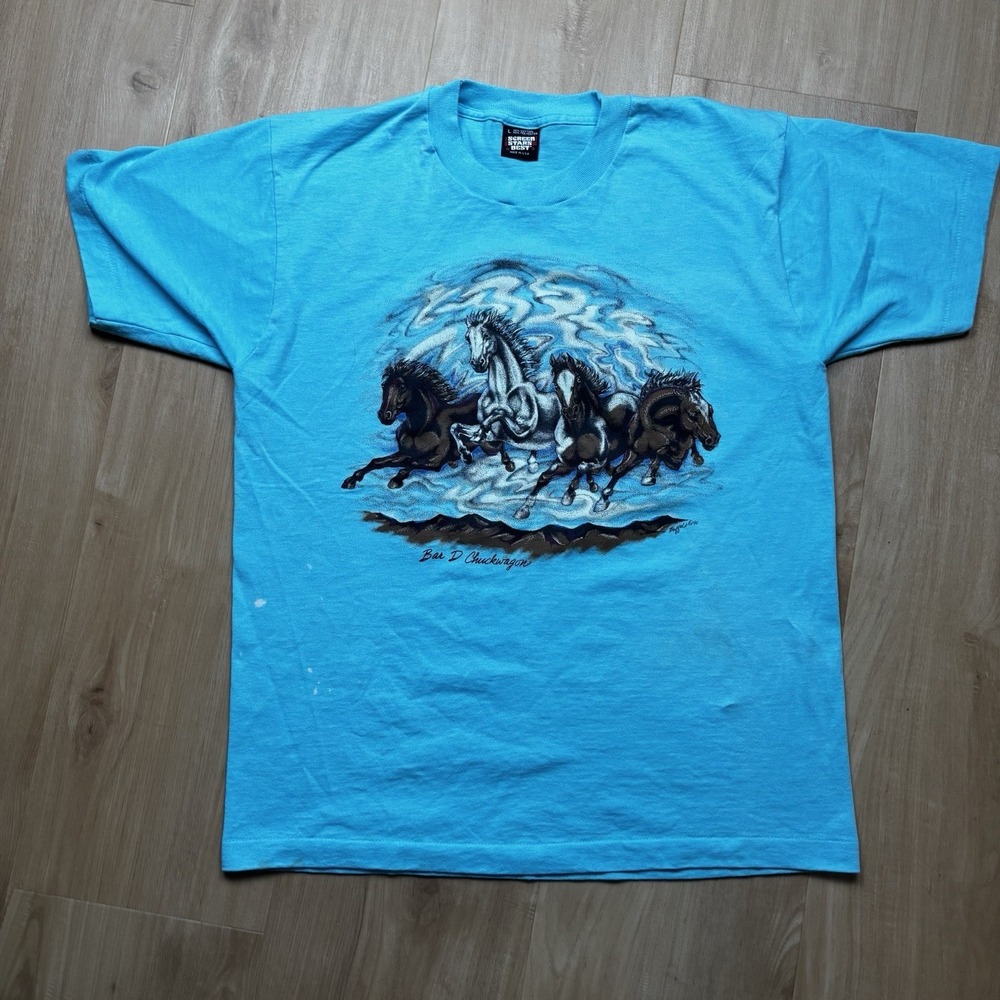 Vintage Horses Running Shirt Large Bar D Chuckwagon‎ Blue Single Stitch